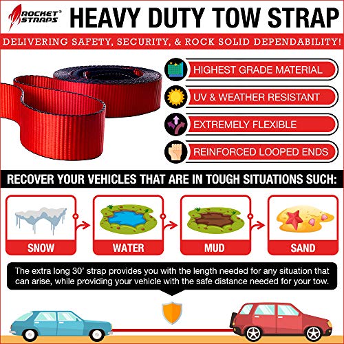 Rocket Straps Tow Strap - Premium Heavy Duty 3" x 30' Recovery Tow Strap | 30,000 LBS Capacity Recovery Strap | Vehicle Tow Straps with Protected Loop Ends | Emergency Off Road Towing Rope