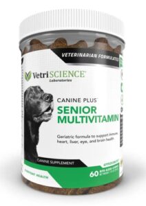 vetriscience canine plus multivitamin for senior dogs - vet recommended vitamin supplement - supports mood, skin, coat, liver function, 60 (packaging may vary)