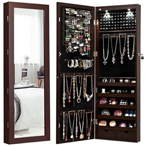 giantex wall/door mounted jewelry armoire organizer with 2 led lights, lockable height adjustable jewelry cabinet with full length mirror, large capacity dressing makeup jewelry mirror storage (brown)