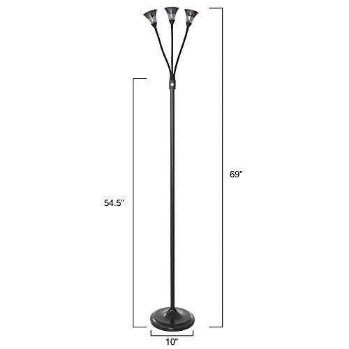 Lavish Home 3 Head Floor Lamp, LED Light with Adjustable Arms, Touch Switch and Dimmer (Black)