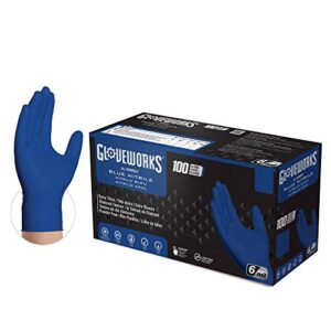 gloveworks hd royal blue nitrile industrial disposable gloves, 6 mil latex-free, raised diamond texture, medium, box of 100