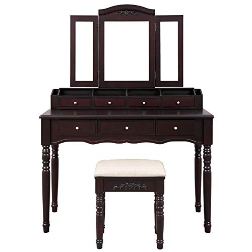 VASAGLE Vanity Makeup Set with 7 Drawers, 2 Brush Slots and 4 Open Compartments, Tri-Folding Mirror, Dark Espresso