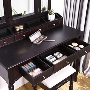 VASAGLE Vanity Makeup Set with 7 Drawers, 2 Brush Slots and 4 Open Compartments, Tri-Folding Mirror, Dark Espresso