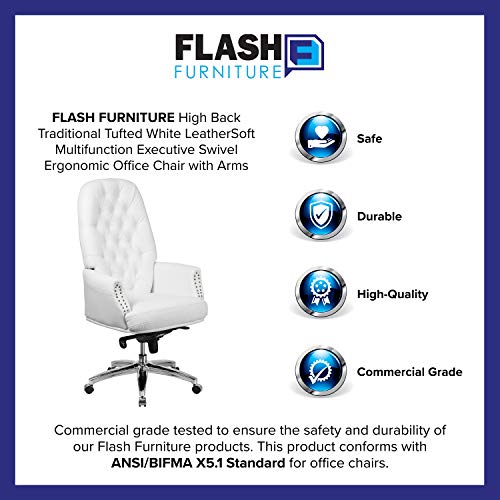 Flash Furniture Hansel High Back Traditional Tufted White LeatherSoft Multifunction Executive Swivel Ergonomic Office Chair with Arms