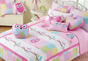 cozy line home fashions cute owl pink blue green embroidery 100% cotton reversible girl bedding quilt set, coverlet, bedspreads (pink owl, twin - 2 piece)