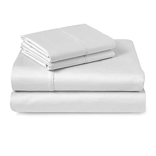 Pizuna 100% Cotton Sheets for Queen Size Bed White, 400 Thread Count Long Staple Combed Cotton, Sateen Cooling Sheets Queen, 15 Inch Deep Pocket Queen Sheets Set (White Cotton Bed Sheets Queen)