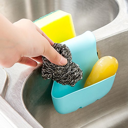 2 Pack Sponge Holder for Double-Sink, FineGood Saddle Caddy Brush Soap Organizer Storage Kitchen Bathroom Plastic Basket - Blue, Green
