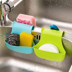 2 Pack Sponge Holder for Double-Sink, FineGood Saddle Caddy Brush Soap Organizer Storage Kitchen Bathroom Plastic Basket - Blue, Green