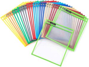 pack of 30 dry erase pockets with ring, size 10x13 inches, dry erase pocket sleeves with different colors, teacher supplies, organization for classroom, reusable dry erase sheets ticket holder pockets