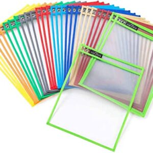 Pack of 30 Dry Erase Pockets with Ring, Size 10X13 Inches, Dry Erase Pocket Sleeves with Different Colors, Teacher Supplies, Organization for Classroom, Reusable Dry Erase Sheets Ticket Holder Pockets