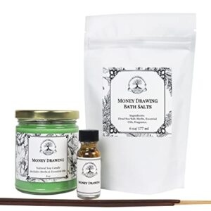 money drawing spell kit by art of the root | handmade candle, bath salts, incense & oil | wiccan, pagan & magick | cash, prosperity, success, financial security & abundance rituals
