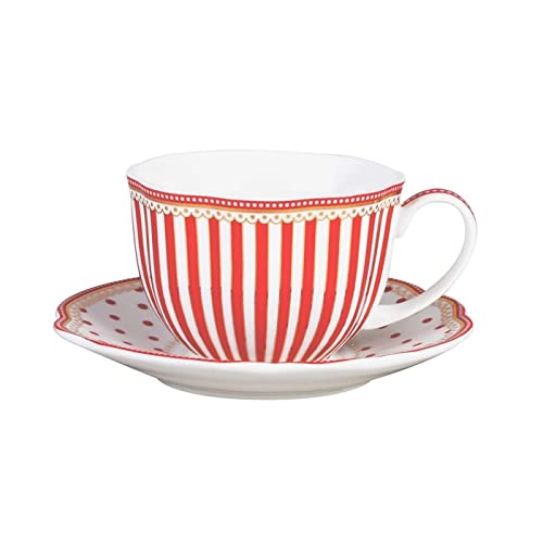 Grace Teaware Red Dot Stripes Scallop 9-Ounce Porcelain Tea/Coffee Cup and Saucer, Set of 2 (G1960264RD-2)