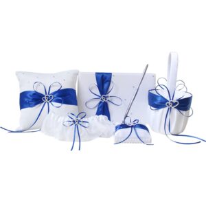 amajoy 5pcs sets wedding guest book + pen set + flower basket + ring pillow + garter, white cover, double heart rhinestone decor royal blue ribbon bowknot elegant wedding ceremony