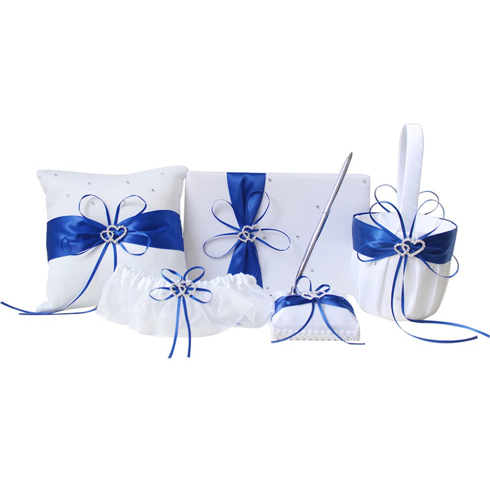 Amajoy 5pcs Sets Wedding Guest Book + Pen Set + Flower Basket + Ring Pillow + Garter, White Cover, Double Heart Rhinestone Decor Royal Blue Ribbon Bowknot Elegant Wedding Ceremony