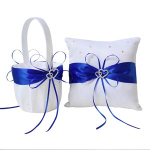 Amajoy 5pcs Sets Wedding Guest Book + Pen Set + Flower Basket + Ring Pillow + Garter, White Cover, Double Heart Rhinestone Decor Royal Blue Ribbon Bowknot Elegant Wedding Ceremony