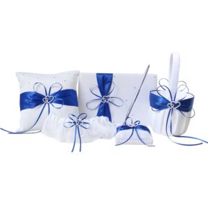 Amajoy 5pcs Sets Wedding Guest Book + Pen Set + Flower Basket + Ring Pillow + Garter, White Cover, Double Heart Rhinestone Decor Royal Blue Ribbon Bowknot Elegant Wedding Ceremony