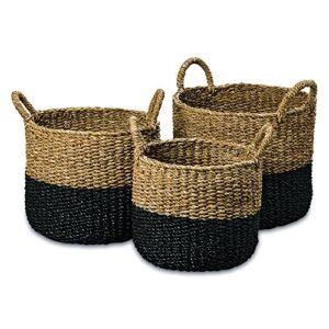 whw whole house worlds cape cod seagrass baskets, set of 3, paint dipped, chunky weave, nautical gray, natural, barrel belly, top handles, 15.75, 13.75, and 11.75 inches tall