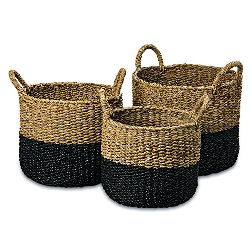 WHW Whole House Worlds Cape Cod Seagrass Baskets, Set of 3, Paint Dipped, Chunky Weave, Nautical Gray, Natural, Barrel Belly, Top Handles, 15.75, 13.75, and 11.75 Inches Tall