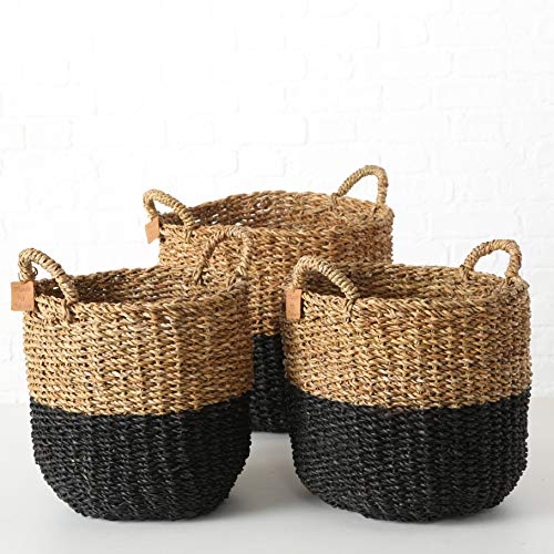 WHW Whole House Worlds Cape Cod Seagrass Baskets, Set of 3, Paint Dipped, Chunky Weave, Nautical Gray, Natural, Barrel Belly, Top Handles, 15.75, 13.75, and 11.75 Inches Tall