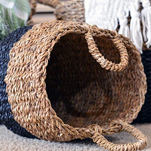 WHW Whole House Worlds Cape Cod Seagrass Baskets, Set of 3, Paint Dipped, Chunky Weave, Nautical Gray, Natural, Barrel Belly, Top Handles, 15.75, 13.75, and 11.75 Inches Tall