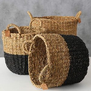 WHW Whole House Worlds Cape Cod Seagrass Baskets, Set of 3, Paint Dipped, Chunky Weave, Nautical Gray, Natural, Barrel Belly, Top Handles, 15.75, 13.75, and 11.75 Inches Tall