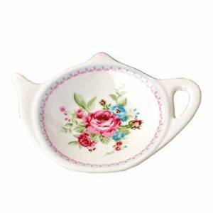 Linlins Set of White Porcelain Ceramic with Flower Trim Teapot-Shaped Tea Bag Holder Tea Bag Coasters, Spoon Rests; Classic Tea Time Saucer Seasoning Dish Set (TYGZ)