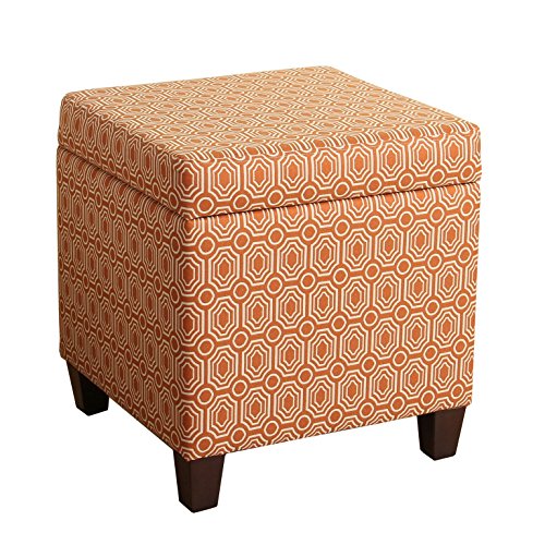 HomePop Upholstered Storage Cube Ottoman with Hinged Lid, Orange Geometric