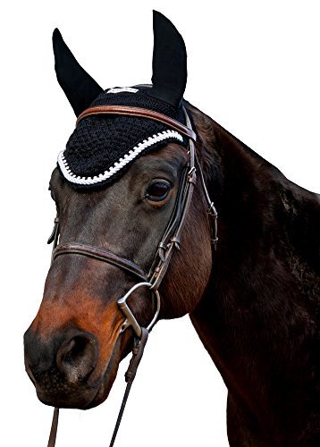 Equine Couture Fly Bonnet with Silver Rope & Crystals - Pony Color - Black, Size - Full