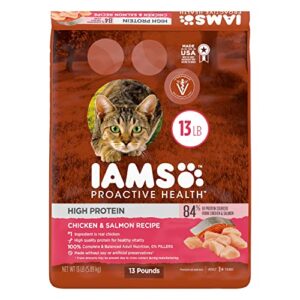 iams proactive health high protein adult dry cat food with chicken & salmon cat kibble, 13 lb. bag