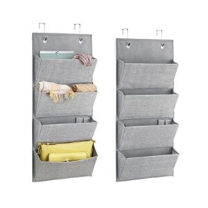 mdesign soft fabric over the door hanging storage organizer with 4 large pockets for closets in bedrooms, hallway, entryway, mudroom - hooks included - textured print, 2 pack - gray