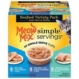 meow mix simple servings wet cat food, seafood variety pack, 1.3 ounce cup (pack of 24)
