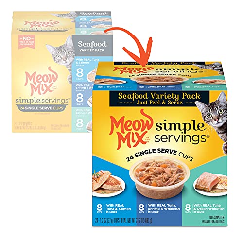 Meow Mix Simple Servings Wet Cat Food, Seafood Variety Pack, 1.3 Ounce Cup (Pack of 24)