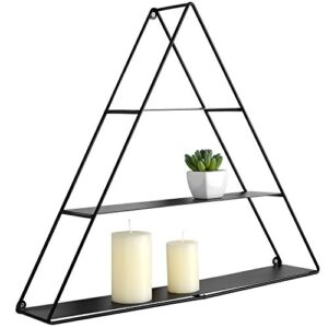 mygift wall mounted matte black metal triangular 3 tier decorative display shelf for collectibles and crystals, pyramid shaped wall shelf rack for bathroom, living room, bedroom