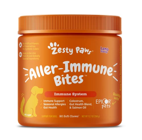 Zesty Paws Allergy Immune Supplement for Dogs - with Omega 3 Salmon Fish Oil & EpiCor Pets + Probiotics for Seasonal Allergies - Lamb - 90 Chews