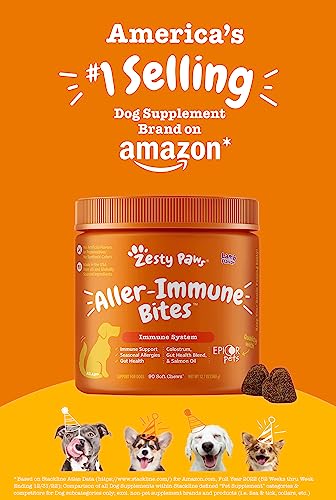 Zesty Paws Allergy Immune Supplement for Dogs - with Omega 3 Salmon Fish Oil & EpiCor Pets + Probiotics for Seasonal Allergies - Lamb - 90 Chews