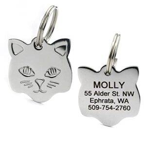 gotags cat id tag, personalized cat shape pet id tag in stainless steel, includes up to 4 lines of custom engraved text – stainless steel, kitty face