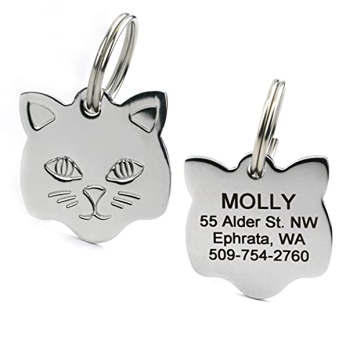 GoTags Cat ID Tag, Personalized Cat Shape Pet ID Tag in Stainless Steel, Includes up to 4 Lines of Custom Engraved Text – Stainless Steel, Kitty Face