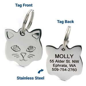 GoTags Cat ID Tag, Personalized Cat Shape Pet ID Tag in Stainless Steel, Includes up to 4 Lines of Custom Engraved Text – Stainless Steel, Kitty Face