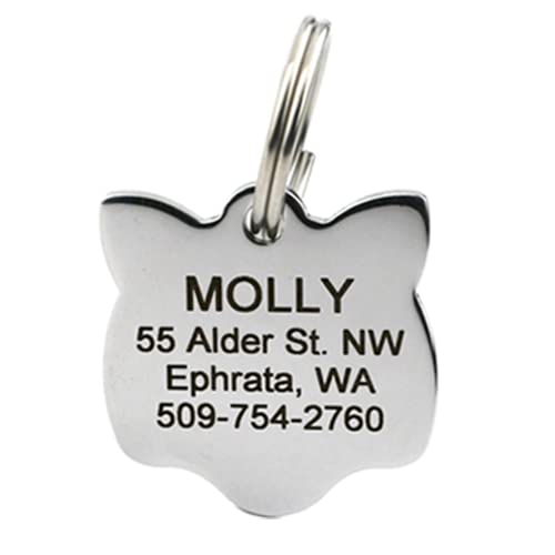 GoTags Cat ID Tag, Personalized Cat Shape Pet ID Tag in Stainless Steel, Includes up to 4 Lines of Custom Engraved Text – Stainless Steel, Kitty Face