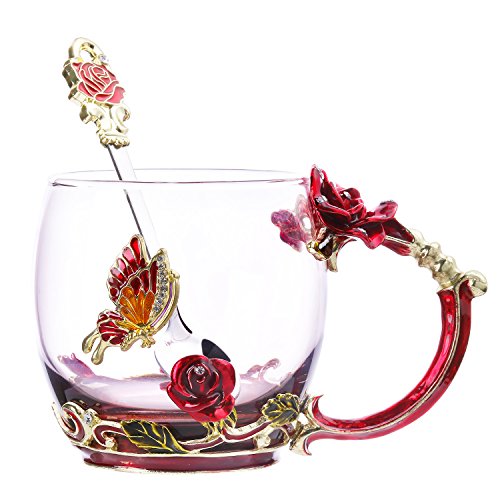 Kpcuisite Birthday Gifts for Women and Mother's Day Gifts for Mom - Glass Tea Cup and Coffee Mug Set with Spoon - Beautiful Flower Butterfly Rose Mug