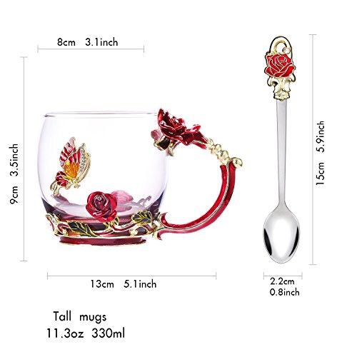Kpcuisite Birthday Gifts for Women and Mother's Day Gifts for Mom - Glass Tea Cup and Coffee Mug Set with Spoon - Beautiful Flower Butterfly Rose Mug