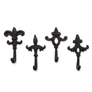 gasare, decorative hooks, key holder for wall, cast iron hooks, fleur de lis décor, wall mount screws and anchors, 5 x 3¼ inches each, brown, 4 units