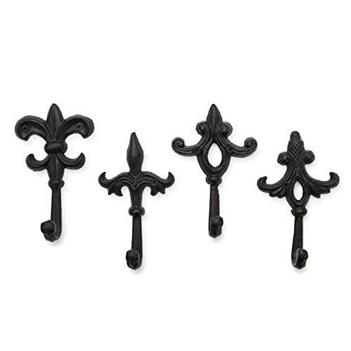 gasare, Decorative Hooks, Key Holder for Wall, Cast Iron Hooks, Fleur De Lis Décor, Wall Mount Screws and Anchors, 5 x 3¼ Inches Each, Brown, 4 Units