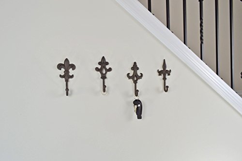 gasare, Decorative Hooks, Key Holder for Wall, Cast Iron Hooks, Fleur De Lis Décor, Wall Mount Screws and Anchors, 5 x 3¼ Inches Each, Brown, 4 Units