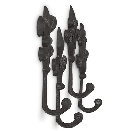 gasare, Decorative Hooks, Key Holder for Wall, Cast Iron Hooks, Fleur De Lis Décor, Wall Mount Screws and Anchors, 5 x 3¼ Inches Each, Brown, 4 Units