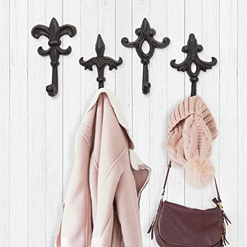 gasare, Decorative Hooks, Key Holder for Wall, Cast Iron Hooks, Fleur De Lis Décor, Wall Mount Screws and Anchors, 5 x 3¼ Inches Each, Brown, 4 Units