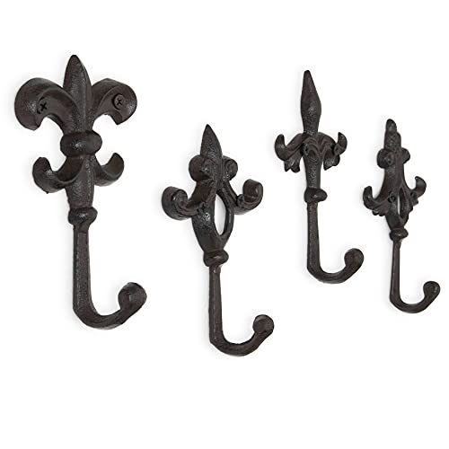 gasare, Decorative Hooks, Key Holder for Wall, Cast Iron Hooks, Fleur De Lis Décor, Wall Mount Screws and Anchors, 5 x 3¼ Inches Each, Brown, 4 Units