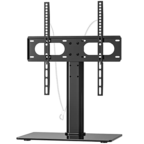 WALI Universal TV Stand, Table Top TV Stand for 32 to 47 inch Flat TV, Height Adjustable TV Mount with Tempered Glass Base and Security Wire, 88lbs Weight Capacity (TVDVD-01), Black