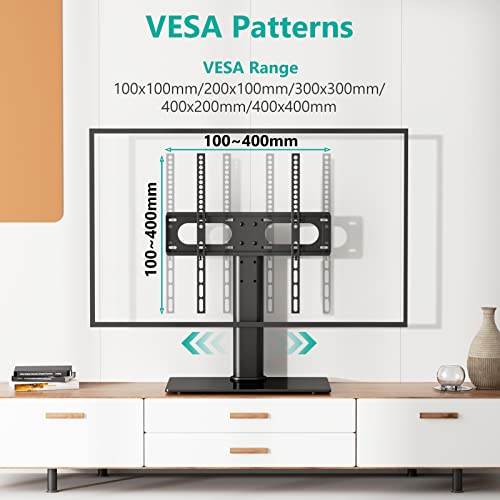 WALI Universal TV Stand, Table Top TV Stand for 32 to 47 inch Flat TV, Height Adjustable TV Mount with Tempered Glass Base and Security Wire, 88lbs Weight Capacity (TVDVD-01), Black