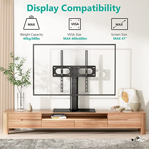 WALI Universal TV Stand, Table Top TV Stand for 32 to 47 inch Flat TV, Height Adjustable TV Mount with Tempered Glass Base and Security Wire, 88lbs Weight Capacity (TVDVD-01), Black